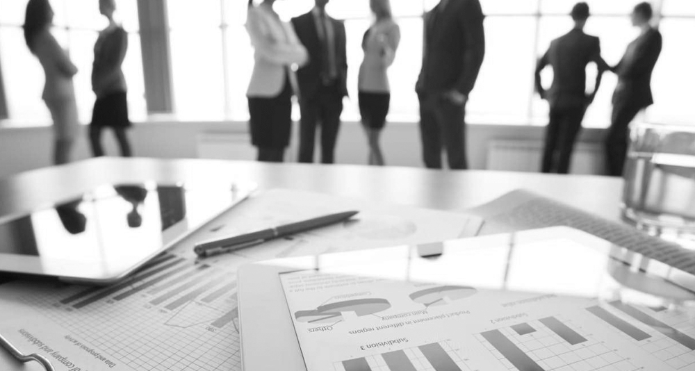 business professionals standing in small groups talking in background