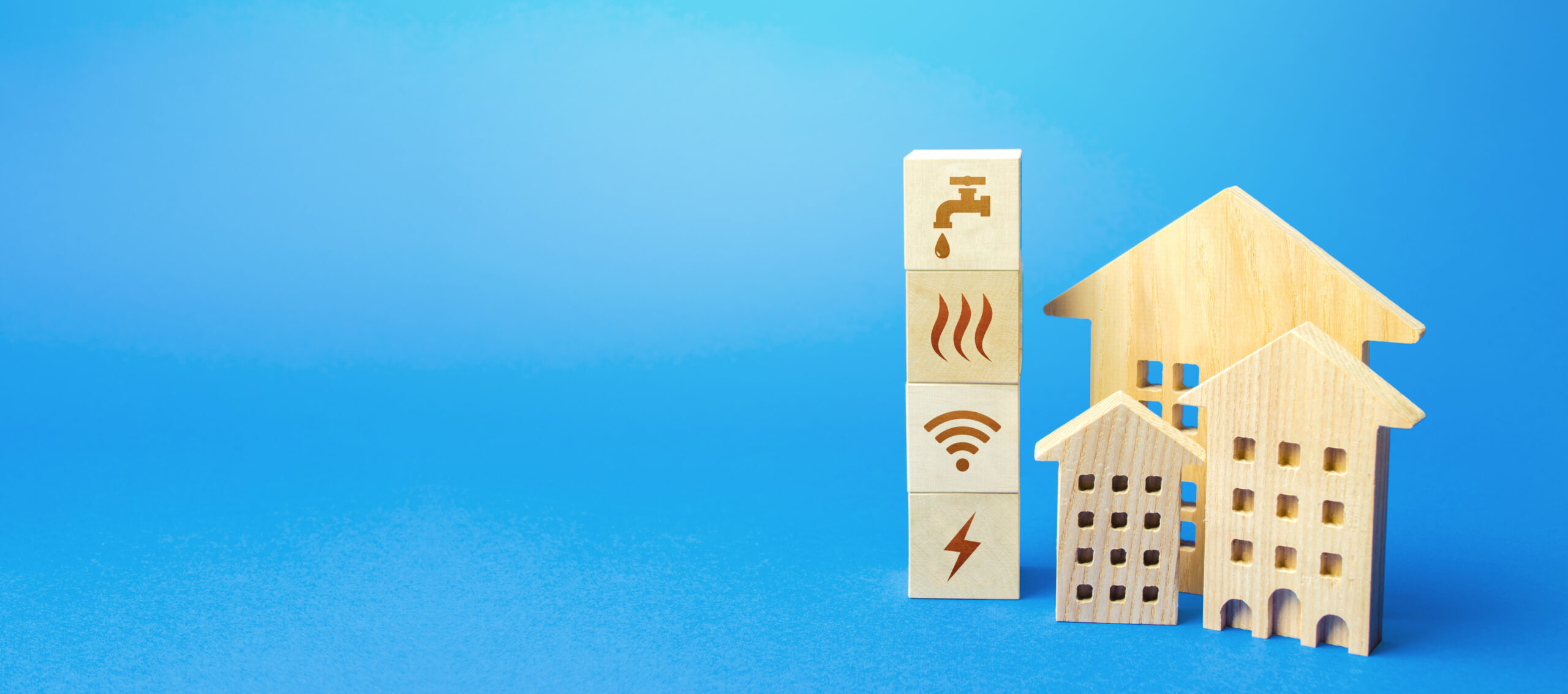 buildings and blocks with communal services symbols. Utilities public service. Price, payment methods, subsidies registration. Savings, reduced environmental impact. Energy saving